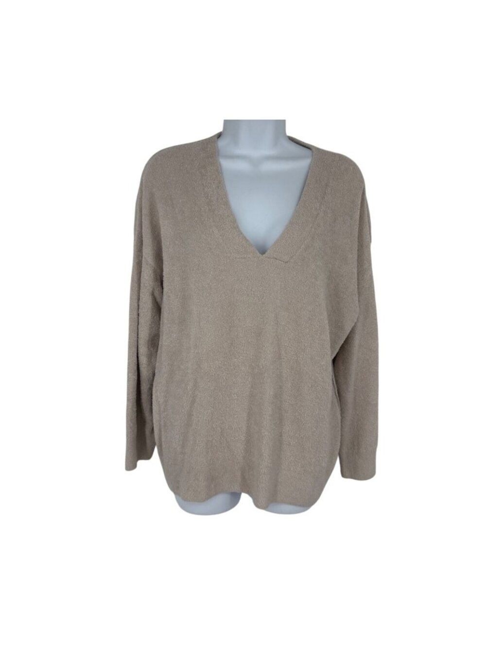 Barefoot Dreams Cozychic Lite Oversized V Neck Soft Knit Sweater Taupe L